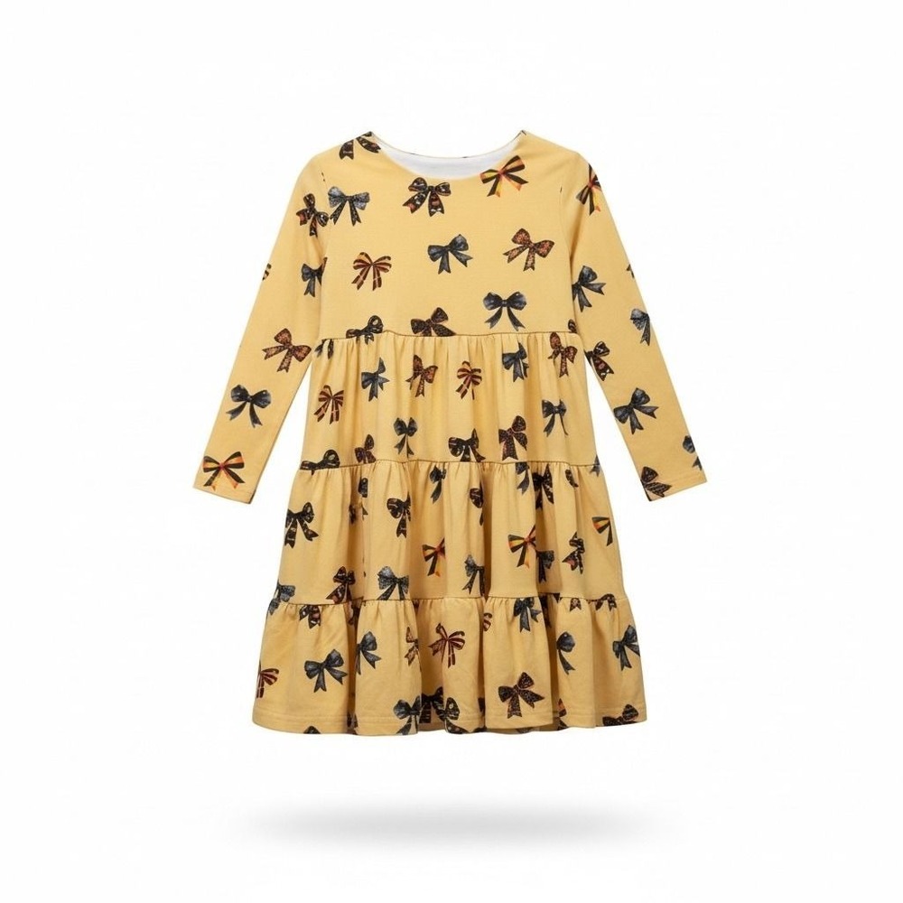 Minikin Mischief 4T Halloween Bows Bamboo Viscose Tiered Dress Mustard Yellow